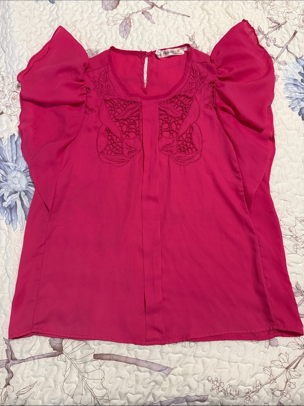 Women's Fuchsia Flutter Sleeve Embroidered Top